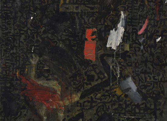 In the Name of Symbols, 120x120cm, many layers of canvas and oil colour on canvas, 1995, artist collection/ London.