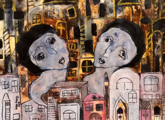 Hilda-Hiary,-Pink-City,-32x41cm,-Coffee-ink-on-paper,-2019